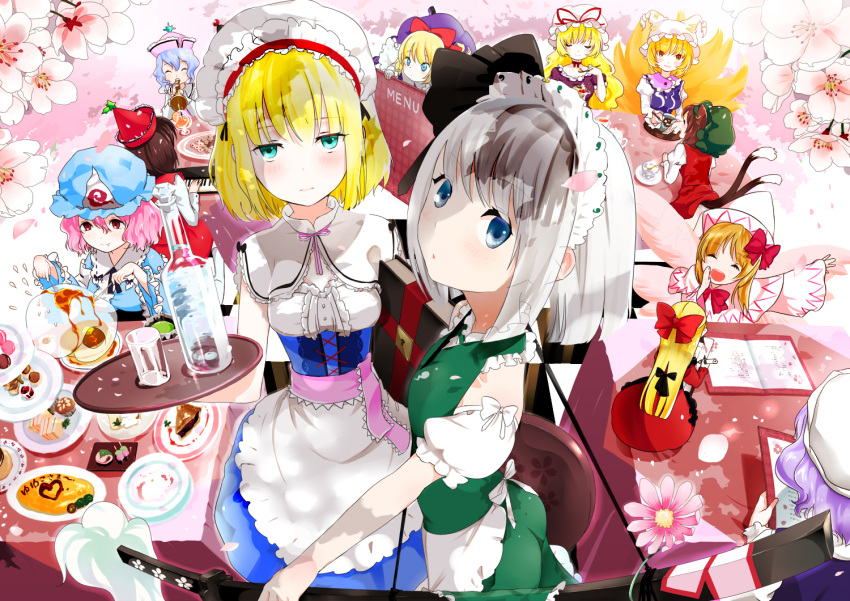 6+girls adapted_costume alice_margatroid alternate_costume animal_ears bad_id bad_pixiv_id black_tea blonde_hair blue_eyes blush bottle brown_hair cat_ears cat_tail chen cherry_blossoms corset cup cupcake dango eating everyone flower food fork fox_tail from_above ghost glass green_eyes grey_hair hat heart hitodama hourai_doll instrument katana keyboard_(instrument) knife konpaku_youmu konpaku_youmu_(ghost) leaf letty_whiterock lily_white long_hair lunasa_prismriver lyrica_prismriver macaron maid maid_headdress merlin_prismriver multiple_girls omelet omurice perfect_cherry_blossom petals pie pie_slice pink_hair plate red_eyes saigyouji_yuyuko sakura_mochi sanshoku_dango scabbard shanghai_doll sheath sheathed short_hair sitting skewer sword table tablecloth tail tea teacup tiered_tray touhou tray trumpet very_long_hair wafer_stick wagashi waitress weapon wings yakumo_ran yakumo_yukari yamada_ranga