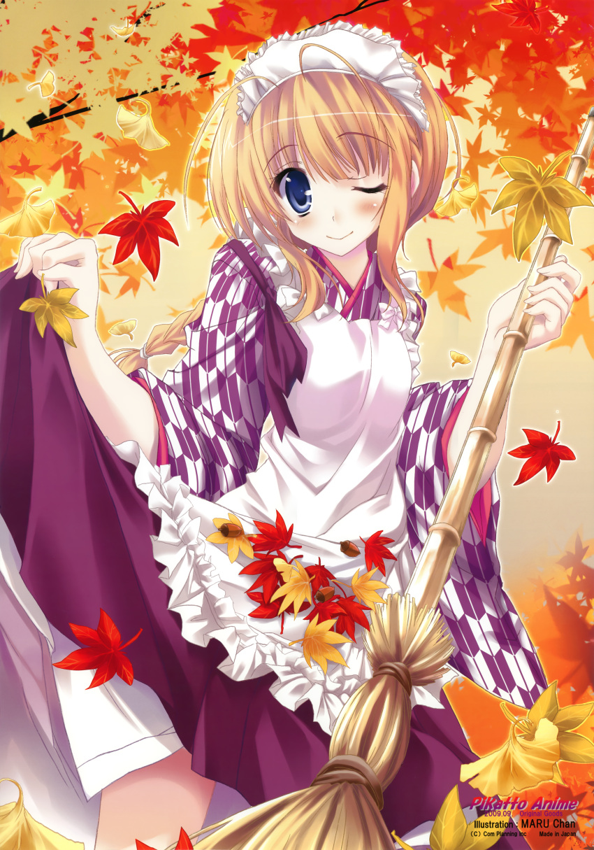 :> ;) absurdres apron autumn autumn_leaves bamboo_broom bashamichi blonde_hair blue_hair blush broom clothes_lift duplicate female hakama hakama_skirt highres image_sample japanese_clothes leaf maid maid_headdress maple_leaf maruchan. one_eye_closed original purple_hakama short_hair skirt skirt_lift smile yagasuri yandere_sample