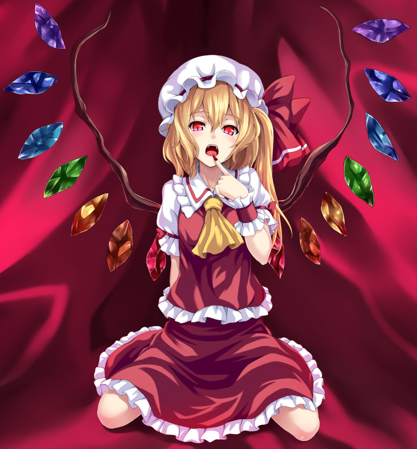 ascot asu_hare bad_id bad_pixiv_id blonde_hair female finger_to_mouth flandre_scarlet hat highres long_hair open_mouth photoshop_(medium) red_eyes side_ponytail skirt skirt_set slit_pupils solo touhou wings wrist_cuffs