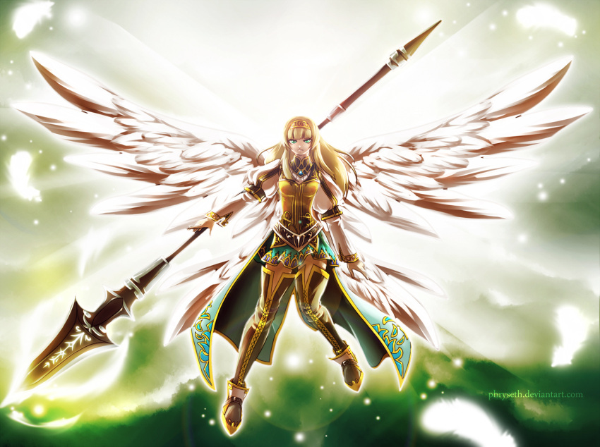 alicia_(valkyrie_profile_2) angel_wings bad_deviantart_id bad_id blonde_hair blue_eyes boots feathered_wings feathers female hairband long_hair overskirt photoshop_(medium) phryseth polearm puffy_sleeves signature skirt solo spear thigh_boots thighhighs valkyrie_profile_(series) valkyrie_profile_2:_silmeria weapon wings zettai_ryouiki