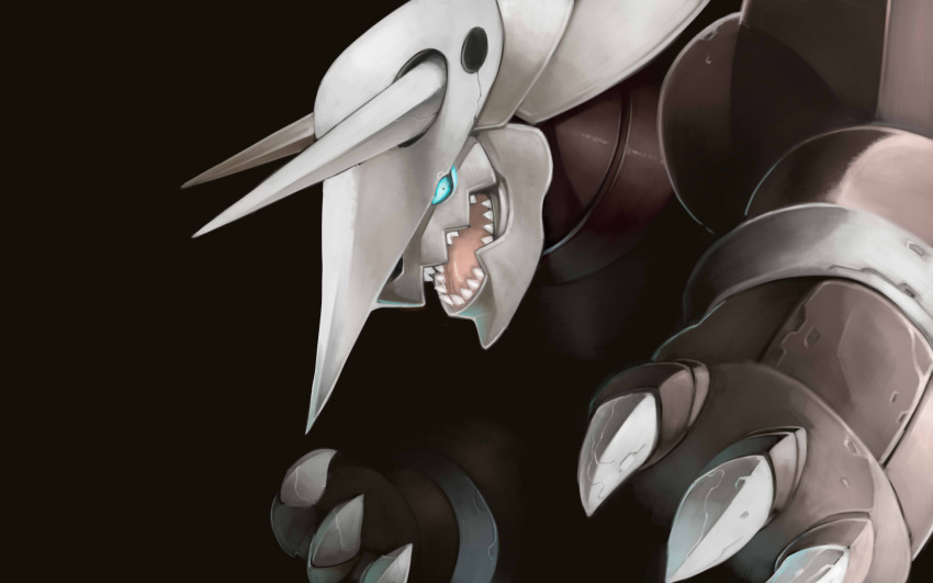 aggron black_background blue_eyes claws commentary_request dark fangs glowing glowing_eyes highres horns looking_at_viewer monster no_humans open_mouth phenne pokemon pokemon_(creature) sharp_teeth solo teeth