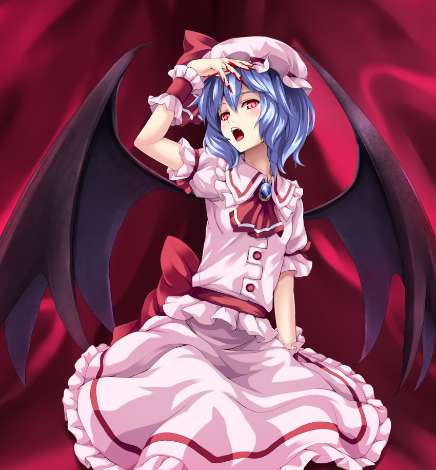 asu_hare bad_id bad_pixiv_id bat_wings blood female hand_over_face hat highres open_mouth photoshop_(medium) purple_hair red_eyes remilia_scarlet short_hair skirt skirt_set slit_pupils solo touhou wings wrist_cuffs