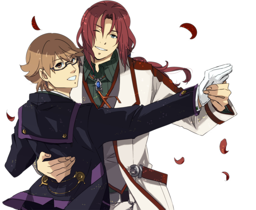 2boys bad_id bad_pixiv_id bespectacled blue_eyes brown_eyes brown_hair dancing eiyuu_densetsu formal glasses gloves highres kazuki_(kazu-king) lloyd_bannings long_hair male_focus multiple_boys one_eye_closed photoshop_(medium) randolph_orlando red_hair smile suit white_background zero_no_kiseki