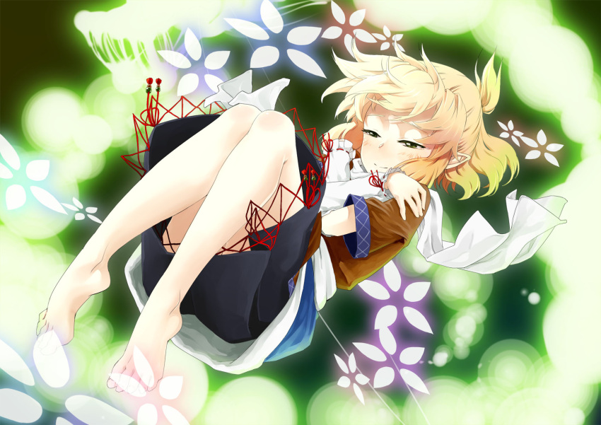 arm_warmers bare_legs barefoot blonde_hair commentary_request crossed_arms danmaku feet female fetal_position full_body green_eyes highres mizuhashi_parsee photoshop_(medium) plantar_flexion pointy_ears scarf short_hair smile solo touhou yomio