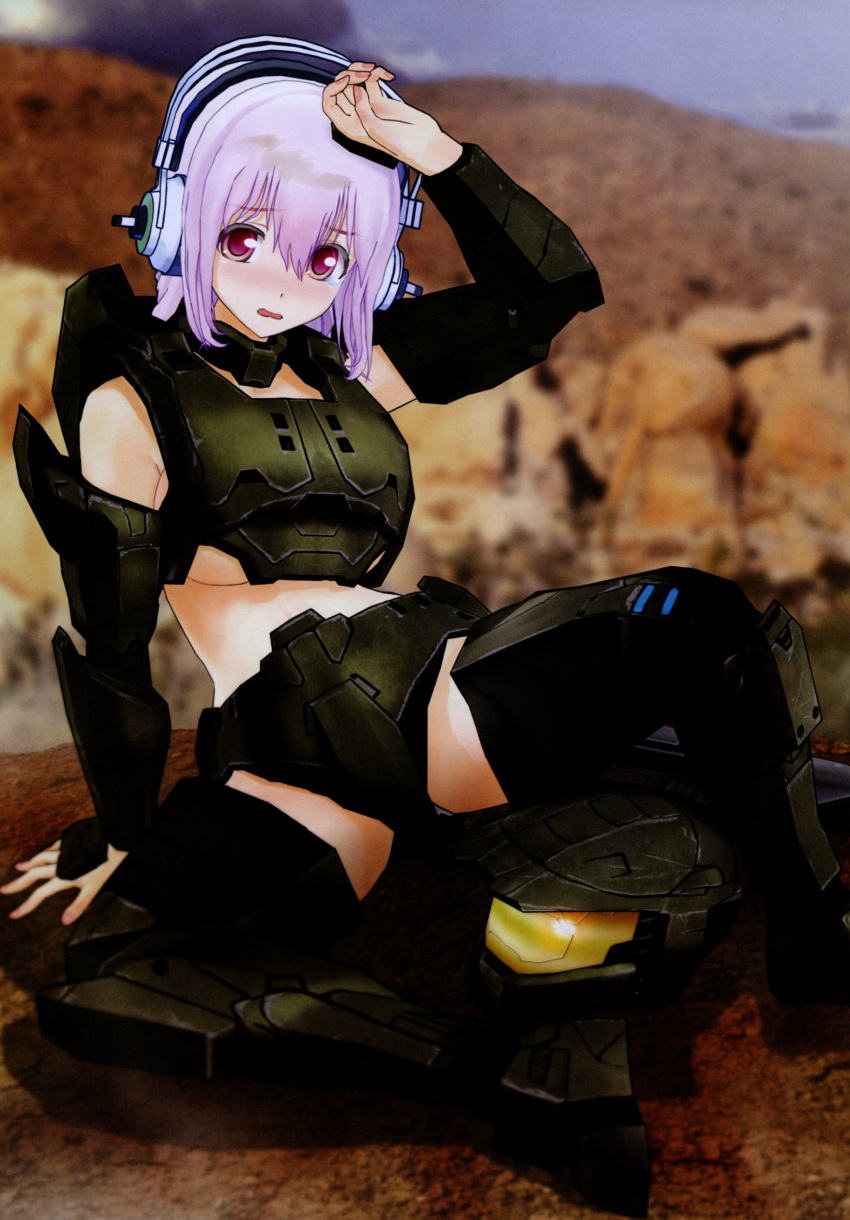 3d absurdres arm_support assault_visor blush breasts cosplay female gun halo_(series) headphones helmet highres light_purple_hair master_chief master_chief_(cosplay) medium_breasts nitroplus photoshop_(medium) pink_eyes power_suit scan sitting solo spartan_(halo) super_sonico tears tsuji_santa underboob weapon yellow_visor