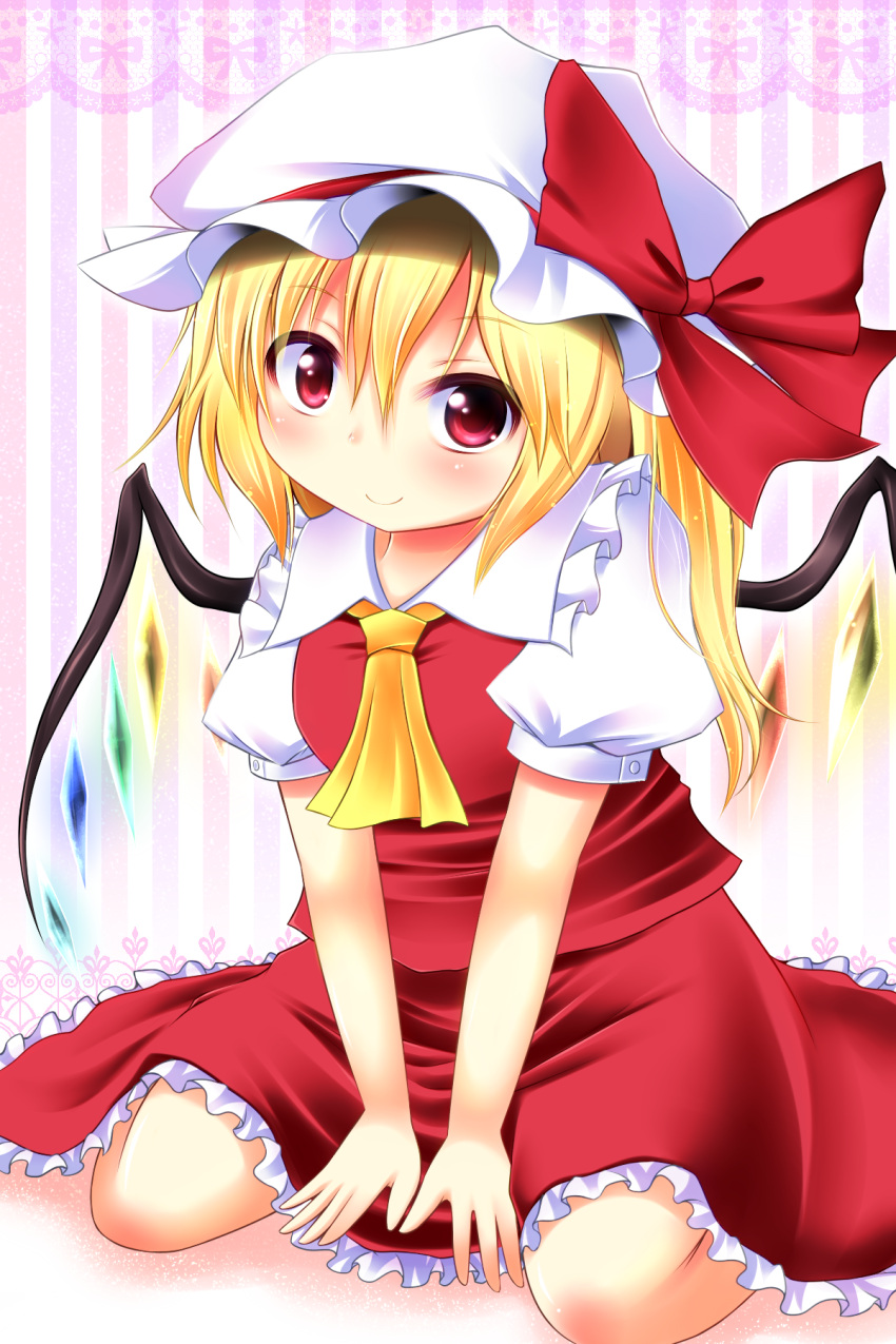 ascot between_legs blonde_hair blush bow buttons commentary_request dress_shirt female flandre_scarlet frills hand_between_legs hat hat_bow highres knees lace looking_at_viewer open_hands puffy_sleeves red_eyes rena_(riries) shirt short_hair short_sleeves side_ponytail sitting skirt smile solo striped striped_background touhou v_arms vest wariza wings