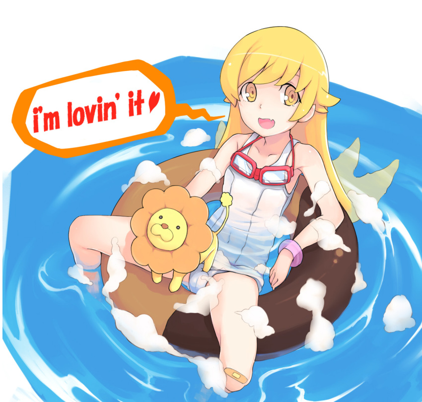 bandaid bandaid_on_knee bandaid_on_leg blonde_hair commentary_request doughnut_innertube english_text female goggles highres innertube long_hair mister_donut monogatari_(series) nisemonogatari one-piece_swimsuit oshino_shinobu photoshop_(medium) pon_de_lion school_swimsuit shiba_nanasei swim_ring swimsuit water white_one-piece_swimsuit yellow_eyes