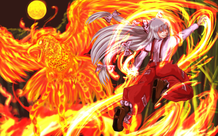 amatou3 bamboo bird boots bow commentary_request female fiery_background fire fujiwara_no_mokou full_moon grey_hair hair_ribbon hairbow highres long_hair moon ofuda pants phoenix red_eyes ribbon smirk solo suspenders touhou very_long_hair