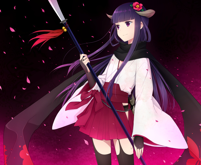 bell chimachi commentary_request female flower hair_flower hair_ornament highres horns inu_x_boku_ss japanese_clothes md5_mismatch miko naginata polearm purple_eyes purple_hair scarf shirakiin_ririchiyo skirt solo thighhighs weapon