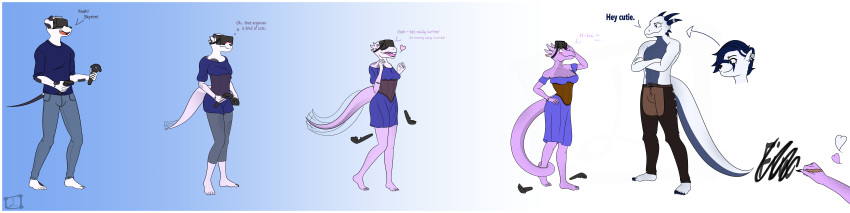 absurd_res anthro argonian base_one_layout basic_sequence bethesda_game_studios breast_growth breasts canid canine canis clothed clothing color_coded color_coded_text dalmatian dialogue digital_media_(artwork) domestic_dog duo english_text female four_frame_image four_frame_sequence fully_clothed gender_transformation gradient gradient_background growth heart_reaction heart_symbol hi_res lex-i lex_(lex-i) linear_sequence long_image male mammal microsoft mtf_transformation one_row_layout outfit_change scalie sequence simple_background skyrim species_transformation stuttering text the_elder_scrolls transformation transformation_mechanism transformation_sequence transformation_through_technology transformed_clothing virtual_reality wide_image willow_(willowdawisp)