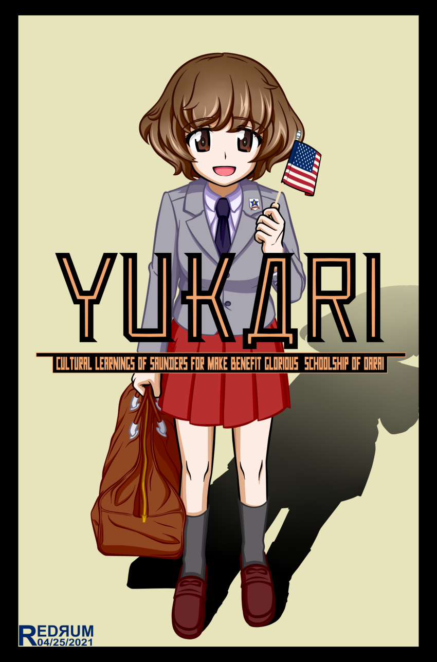 absurdres akiyama_yukari alternate_costume artist_name bag black_border black_necktie blazer borat borat_sagdiyev borat_sagdiyev_(cosplay) border brown_eyes brown_footwear brown_hair character_name commentary cosplay dated dress_shirt emblem english_commentary english_text engrish_commentary engrish_text female flag full_body girls_und_panzer grey_jacket grey_socks highres holding holding_flag jacket loafers long_sleeves looking_at_viewer messy_hair miniskirt necktie open_mouth parody pleated_skirt ranguage red_skirt redrum_(haghighiaria25) saunders_(emblem) saunders_school_uniform school_bag school_uniform shadow shirt shoes short_hair skirt smile socks solo standing white_shirt wing_collar