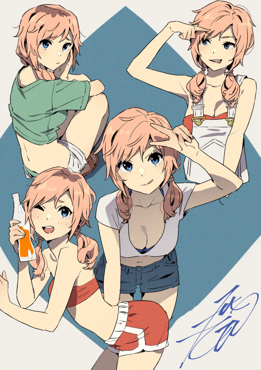 :d arched_back asymmetrical_bangs asymmetrical_hair bare_shoulders blue_bra blue_eyes bottle bra breasts cleavage collage cropped_arms cropped_legs cropped_torso female full_body glass_bottle green_panties green_shirt head_on_hand highres holding holding_bottle kobayashi_gen looking_at_viewer low_twintails medium_hair midriff monica_blueash navel one_eye_closed open_mouth orange_footwear orange_shorts orange_tube_top overalls panties parted_bangs pink_hair pointing pointing_at_self sandals school_girl_strikers shirt short_shorts short_twintails shorts sidelocks signature simple_background smile soda_bottle squatting strapless thighs tongue tongue_out tube_top twintails underwear v white_overalls white_shirt white_shorts