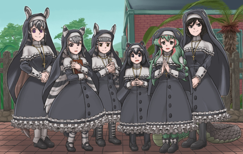 6+girls animal_ears artist_request black_dress black_footwear black_mamba_(kemono_friends) blunt_bangs boomslang_(kemono_friends) chapman's_zebra_(kemono_friends) character_request closed_mouth cross dress full_body habit haegiwa_gonbee kemono_friends latin_cross long_dress long_sleeves multiple_girls nun open_mouth palm_tree plains_zebra_(kemono_friends) quagga_(kemono_friends) source_request spotted_skunk_(kemono_friends) standing tail traditional_nun tree v_arms veil