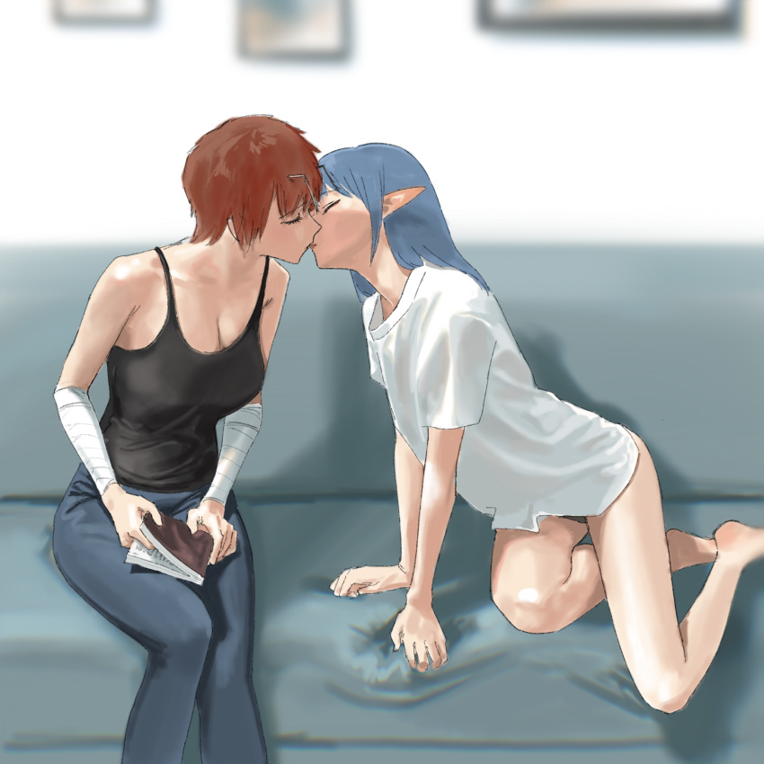 2girls bad_id bad_pixiv_id bandaged_arm bandages black_tank_top blue_hair blue_pants book breasts brown_hair character_request cleavage commentary couch dqn_saga feet_out_of_frame highres hiramedousa holding holding_book kissing large_breasts long_hair multiple_girls pants pointy_ears profile shadow shirt short_hair short_sleeves sitting symbol-only_commentary tank_top white_shirt yuri