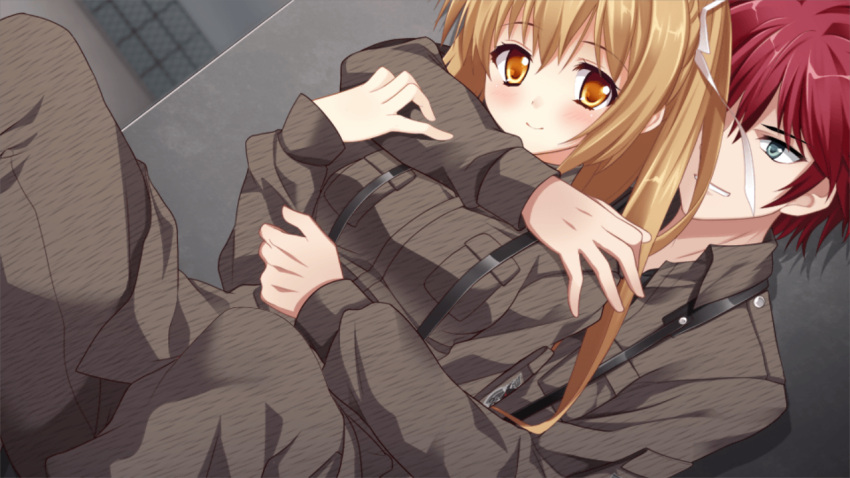 1boy aqua_eyes blush breasts brown_hair closed_mouth female game_cg grin hair_between_eyes hair_ribbon hug hug_from_behind jacket katia_waldheim long_hair long_sleeves medium_breasts military military_uniform muv-luv muv-luv_alternative muv-luv_alternative_strike_frontier pants ponytail red_hair ribbon short_hair smile straight theodor_edelbach uniform white_ribbon yellow_eyes