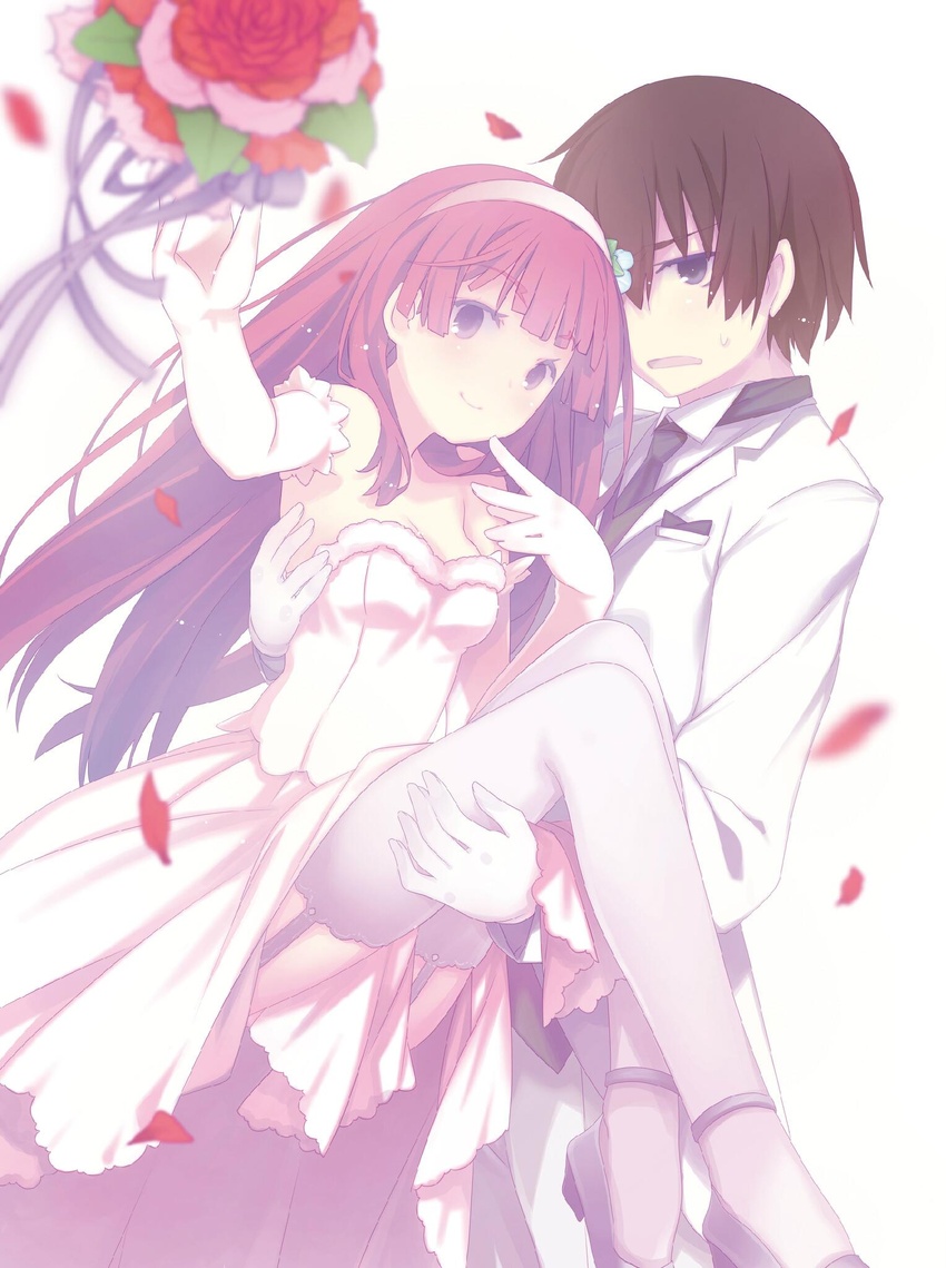 1boy bare_shoulders blurry blurry_foreground blush bouquet_toss bride brown_hair carrying closed_mouth commentary_request couple cover_image dress elbow_gloves female flower fuyuumi_ai garter_straps gloves groom hair_flower hair_ornament hairband highres jpeg_artifacts kidou_eita legs long_hair looking_at_viewer novel_illustration official_art ore_no_kanojo_to_osananajimi_ga_shuraba_sugiru petals pink_hair princess_carry purple_eyes ruroo simple_background smile straight strapless strapless_dress textless_version thighhighs upskirt wedding_dress white_background white_dress white_gloves white_hairband