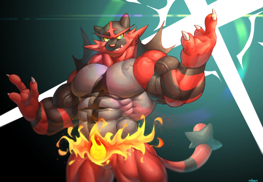 2018 5_fingers abs anthro big_muscles black_body black_fur blue_eyes claws devil_horns_(gesture) double_devil_horns_(gesture) featureless_crotch fingers fur generation_7_pokemon gesture grey_body grey_fur grin hand_gesture hi_res humanoid_hands incineroar male muscular muscular_anthro muscular_male nintendo nude pokemon pokemon_(species) red_body red_fur red_nose smile solo standing striped_body striped_fur stripes vein veiny_muscles vorusuarts white_claws yellow_sclera