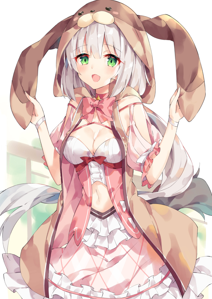 :d animal_ears animal_hood bare_shoulders bow breasts brown_jacket choker cleavage clothing_cutout commentary_request dress fake_animal_ears female flower_knight_girl frilled_dress frills green_eyes hair_between_eyes hands_up highres holding_ears hood hood_up hooded_jacket jacket long_hair medium_breasts navel navel_cutout open_clothes open_jacket open_mouth pink_bow pink_choker pink_dress puffy_short_sleeves puffy_sleeves rabbit_ears rabbit_hood serruria_(flower_knight_girl) short_sleeves sleeveless sleeveless_jacket smile solo unacchi_(nyusankin) very_long_hair white_hair