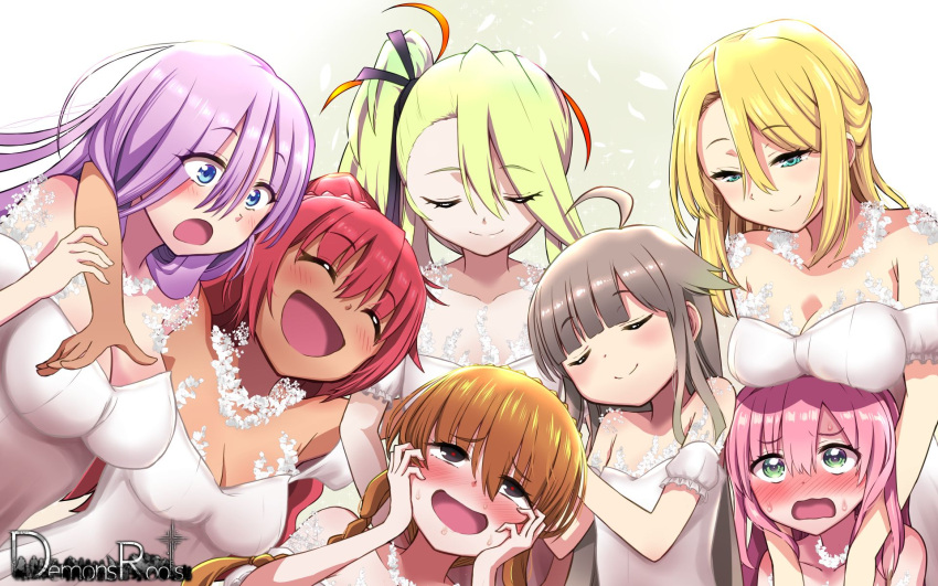 1boy 6+girls ahoge akaimato ange_(demonsroots) bare_shoulders black_eyes blonde_hair blue_eyes blush breast_rest breasts breasts_on_head cleavage closed_eyes deathpolca demons_roots diana_(demonsroots) dress flat_chest green_eyes green_hair grey_hair highres kalinka_(demonsroots) light_purple_hair lily_killer long_hair multiple_girls najezta_(demonsroots) open_mouth otoko_no_ko pink_hair red_hair sarasa_(demonsroots) side_ponytail smile sweat tan upper_body white_dress