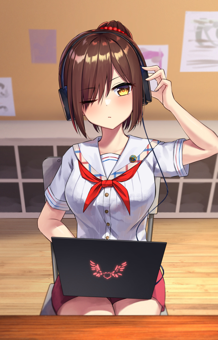 blush brown_hair collared_shirt commentary_request commission computer female hand_up headphones highres laptop looking_at_viewer nazuna_(nazuna_a2) neckerchief nukigee_mitai_na_shima_ni_sunderu_watashi_wa_dou_surya_ii_desu_ka? one_eye_closed red_neckerchief red_skirt sailor_collar shirt short_hair short_sleeves sitting skeb_commission skirt solo tachibana_asane white_shirt yellow_eyes