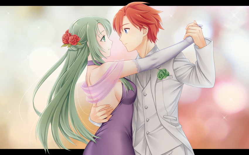 1boy alternate_costume backless_dress backless_outfit bare_shoulders blue_eyes breasts cecilia_(fire_emblem) dress dress_shirt eye_contact face-to-face female fire_emblem fire_emblem:_the_binding_blade formal green_eyes green_hair ham_pon hand_on_another's_back highres holding_hands hug jacket long_hair looking_at_another medium_breasts purple_dress red_hair roy_(fire_emblem) shirt sideboob simple_background sleeveless sleeveless_shirt straight suit suit_jacket tuxedo white_shirt