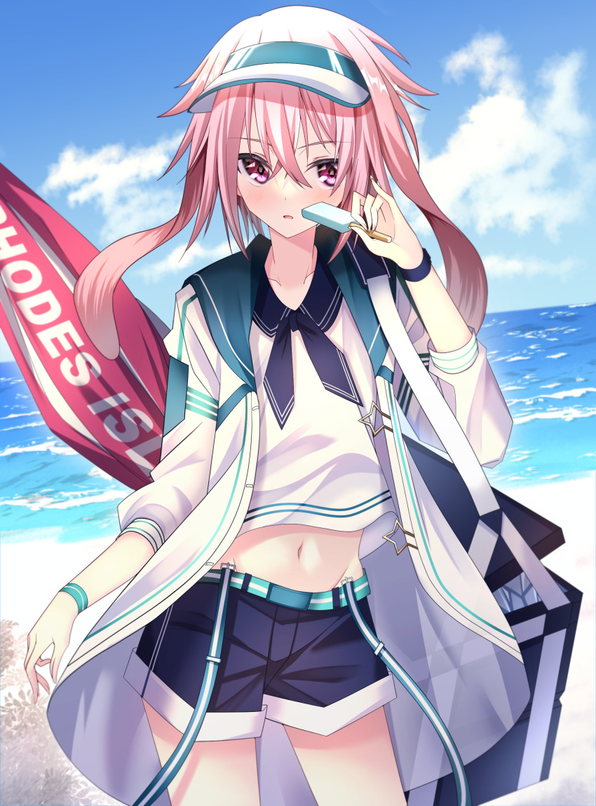 1boy absurdres animal_ears ansel_(arknights) ansel_(casual_vacation)_(arknights) aqua_belt aqua_wristband arknights arm_at_side beach blue_sailor_collar blue_shorts clear_sky cloud coat collarbone commentary contrapposto cooler cowboy_shot crossed_bangs day eating floppy_ears food groin hair_between_eyes hand_up highres holding holding_food holding_ice_cream ice_cream light_blush long_bangs looking_at_viewer male_focus medium_hair mellow_kaede midriff navel open_clothes open_coat otoko_no_ko outdoors parasol parted_lips pink_eyes pink_hair pinky_out rabbit_boy rabbit_ears red_eyes sailor_collar shirt shore short_shorts shorts shoulder_strap sky sleeves_pushed_up solo suspenders suspenders_removed umbrella visor_cap watch waves white_coat white_shirt white_sleeves wristwatch