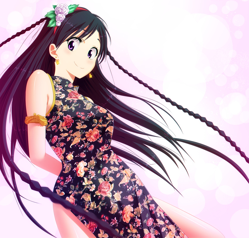 armlet arms_behind_back bare_shoulders black_hair blush braid china_dress chinese_clothes commentary_request dress earrings female floral_print flower flower_earrings hair_flower hair_ornament hairband highres jewelry junaid kanakura_yui long_hair looking_at_viewer nisekoi purple_eyes red_hairband side_slit smile solo very_long_hair white_flower