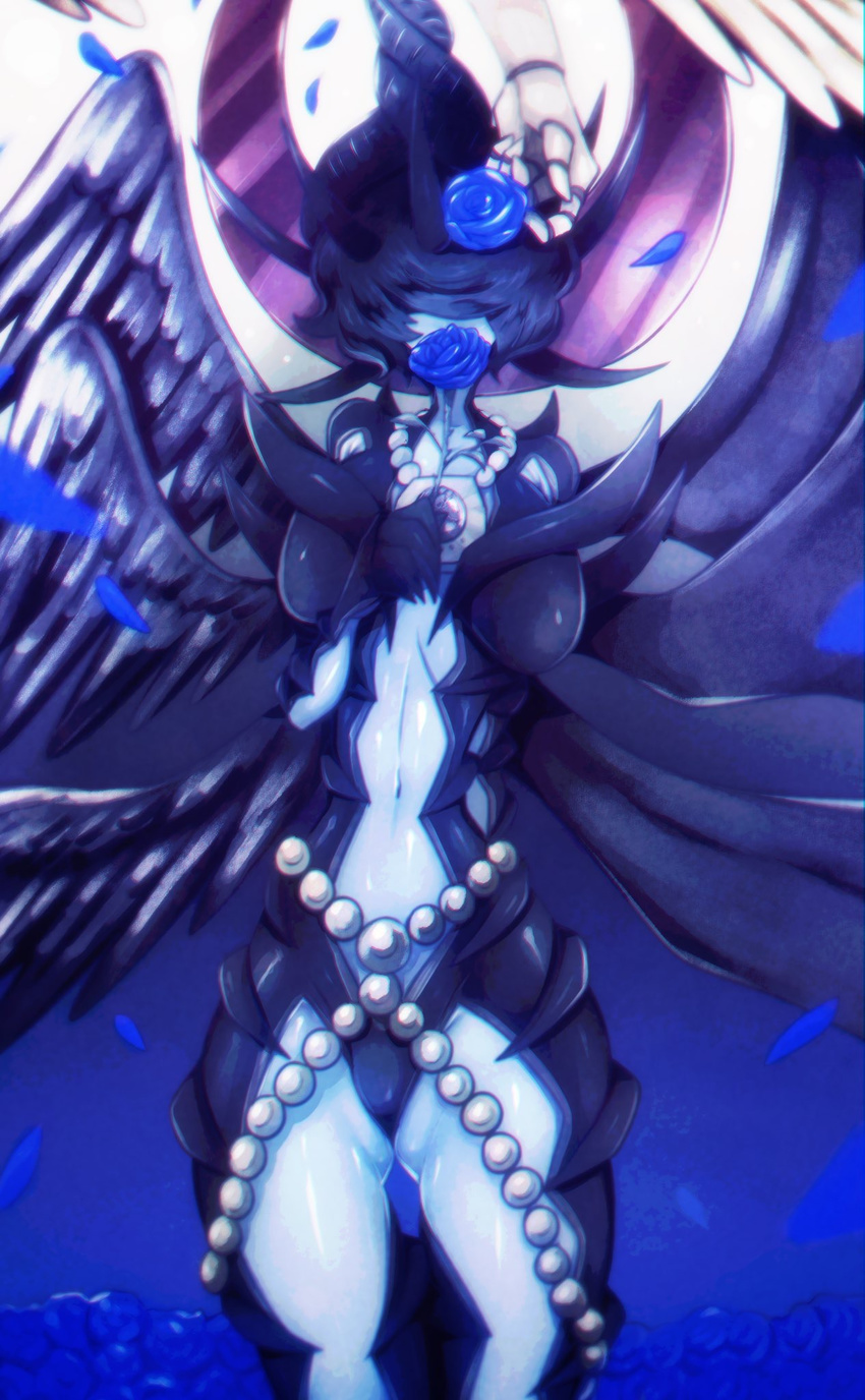 ass_visible_through_thighs black_hair blue_background blue_flower blue_rose blue_skin breasts colored_skin commentary_request facing_viewer female flower hair_over_eyes hands highres horns jewelry large_breasts lucifer_the_fallen_angel navel necklace oreca_battle petals psyche_oreca rose solo standing wings