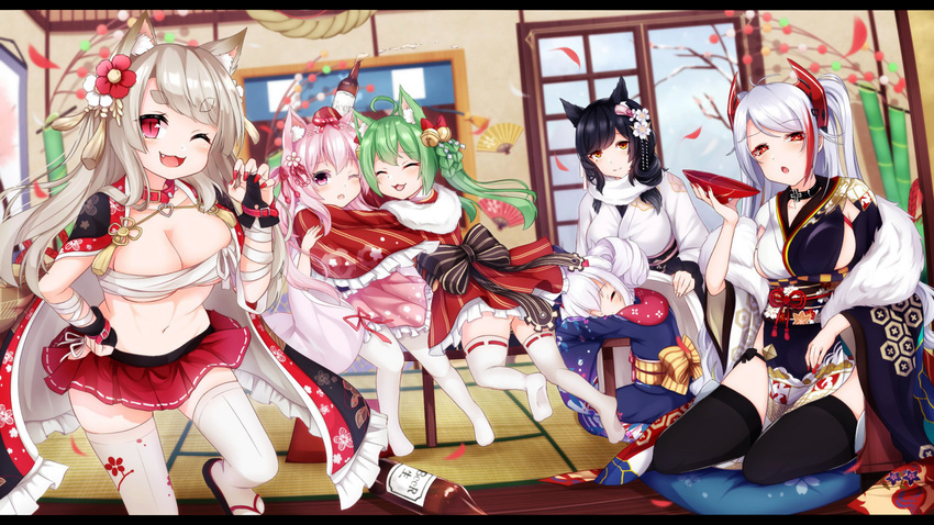 6+girls ;3 ;d ;o ^_^ ahoge akashi_(akashi's_in_the_red_nya!)_(azur_lane) akashi_(azur_lane) alcohol animal_ears atago_(azur_lane) atago_(hallmarks_of_winter)_(azur_lane) azur_lane bamboo bell black_bow black_footwear black_gloves black_hair black_panties black_thighhighs blue_kimono blurry blurry_background blush bottle bow bow_panties braid breasts brown_eyes cat_ears chestnut_mouth claw_pose cleavage closed_eyes closed_mouth collar commentary_request covering_with_blanket cushion day depth_of_field drunk fingerless_gloves fingernails flower frilled_kimono frills fur_collar gloves green_hair hair_flower hair_ornament hairbow hand_on_own_hip head_tilt highres holding holding_bottle horns indoors japanese_clothes jingle_bell kimono kisaragi_(azur_lane) kisaragi_(new_year's_wish)_(azur_lane) laffey_(azur_lane) laffey_(snow_rabbit_and_candy_apple)_(azur_lane) large_breasts letterboxed light_brown_hair long_hair long_sleeves looking_at_viewer mole mole_under_eye multicolored_hair multiple_girls nail_polish new_year no_shoes obi oerba_yun_fang official_alternate_costume one_eye_closed open_mouth panties pantyhose parted_lips pelvic_curtain pink_hair pink_kimono pleated_skirt prinz_eugen_(azur_lane) prinz_eugen_(profusion_of_flowers)_(azur_lane) purple_eyes red_collar red_eyes red_flower red_hair red_kimono red_nails red_skirt ribbon-trimmed_legwear ribbon-trimmed_sleeves ribbon_trim sandals sarashi sash shiira_(nya_rl) sitting skirt sleeping sliding_doors smile snow spiked_collar spikes streaked_hair striped striped_bow table thick_eyebrows thighhighs two_side_up underwear very_long_hair white_flower white_hair white_kimono white_pantyhose white_thighhighs wide_sleeves wolf_ears yokozuwari yuudachi_(azur_lane) yuudachi_(shogun_of_snowballs)_(azur_lane) zabuton zouri