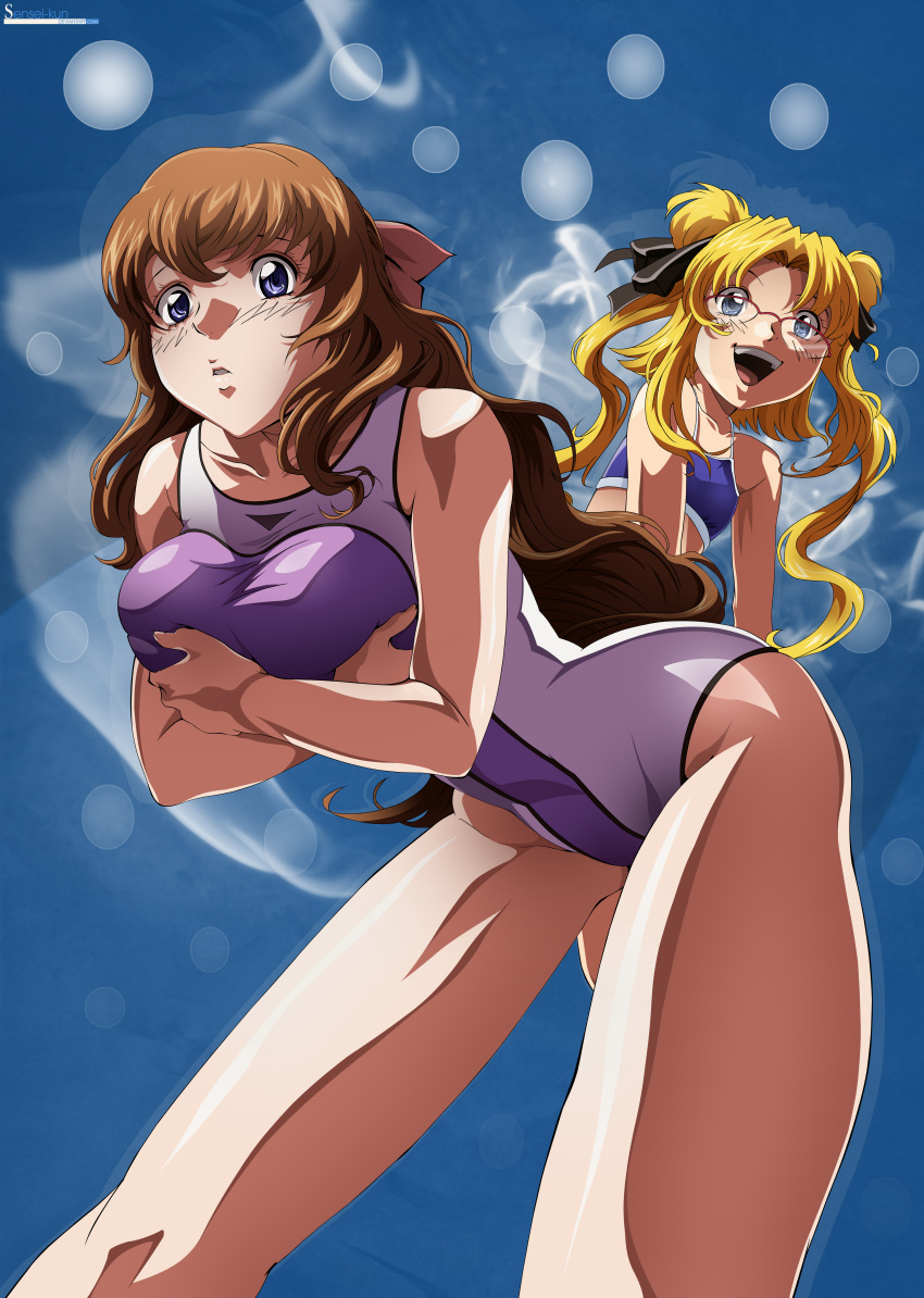 2girls :d absurdres bent_over bikini blonde_hair blue_eyes blush breast_hold breasts brown_hair commentary_request embarrassed flat_chest glasses hair_ribbon highres impossible_clothes kikuchi_katsuya kujou_miu kurogane_no_linebarrel large_breasts long_hair looking_back multiple_girls official_art one-piece_swimsuit open_mouth photoshop_(medium) purple_eyes rachel_calvin ribbon smile swimsuit tankini thighs twintails vector_trace wide_hips