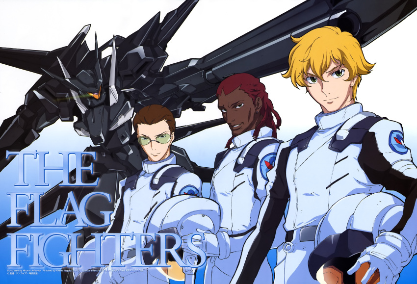 3boys absurdres arisawa_hiroshi blonde_hair brown_hair daryl_dodge flag_custom glasses graham_aker green_eyes gundam gundam_00 helmet highres howard_mason male_focus mecha multiple_boys official_art robot union_flag