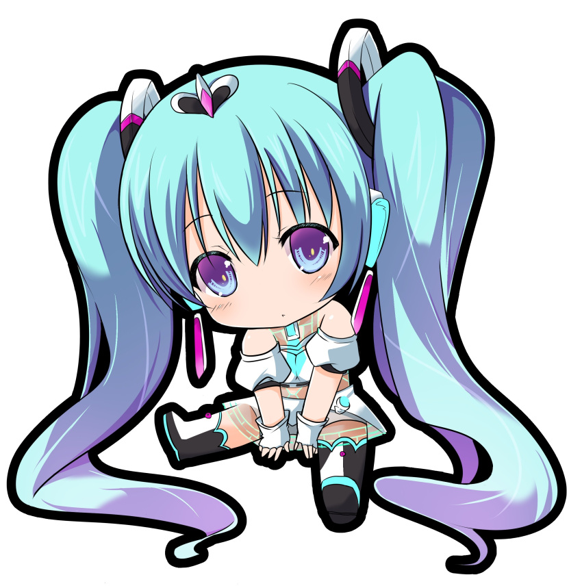 absurdres aqua_eyes aqua_hair chibi commentary_request female fingerless_gloves gloves goodsmile_company goodsmile_racing hatsune_miku highres kazuta_(kazutan62) long_hair looking_at_viewer race_queen racing_miku racing_miku_(2012) simple_background sitting skirt solo twintails very_long_hair vocaloid white_background