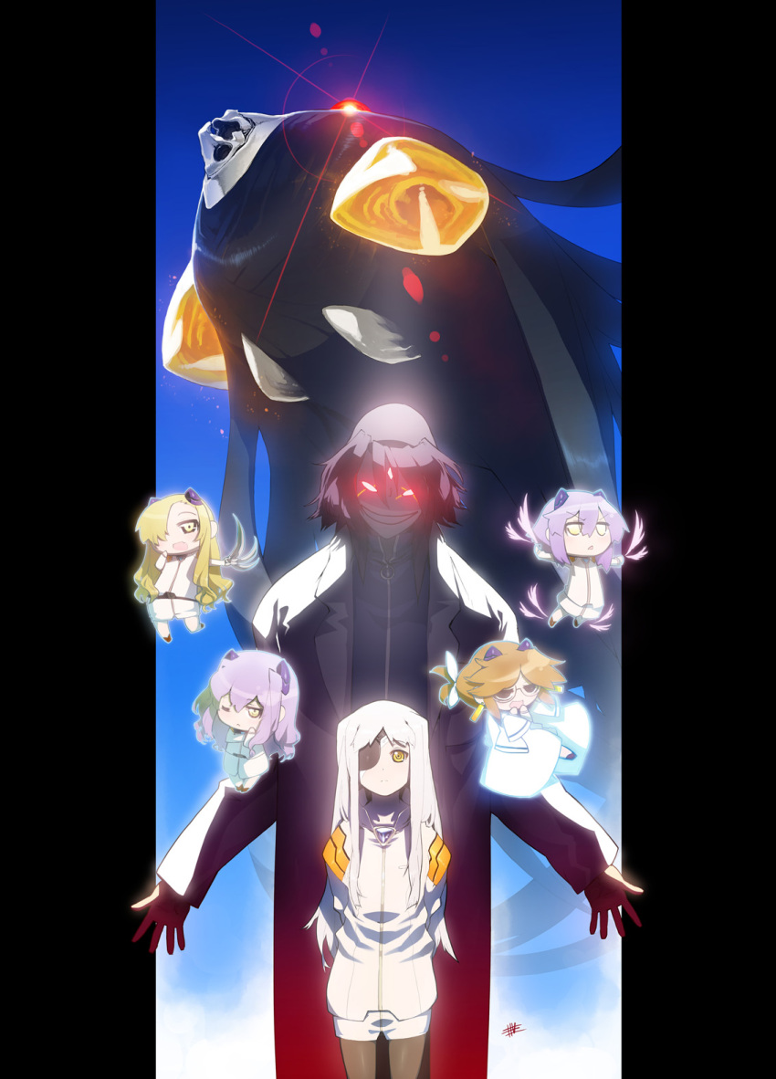 1boy 5girls angel_(evangelion) chibi cinque_(nanoha) commentary_request core due_(nanoha) evangelion:_2.0_you_can_(not)_advance eyepatch giant giant_monster glowing glowing_eyes highres i-iv_(longman) interface_headset jail_scaglietti lyrical_nanoha mahou_shoujo_lyrical_nanoha mahou_shoujo_lyrical_nanoha_a's multiple_girls neon_genesis_evangelion numbers_(nanoha) photoshop_(medium) pillarboxed purple_hair quattro_(nanoha) rebuild_of_evangelion red_eyes science_fiction tre_(nanoha) uno_(nanoha) yellow_eyes zeruel_(evangelion)