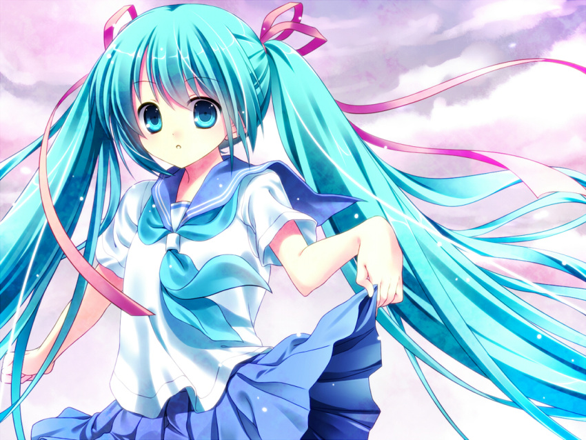 aqua_eyes aqua_hair commentary_request female hair_ribbon hatsune_miku long_hair nametakenoko ribbon school_uniform serafuku skirt skirt_hold solo twintails very_long_hair vocaloid