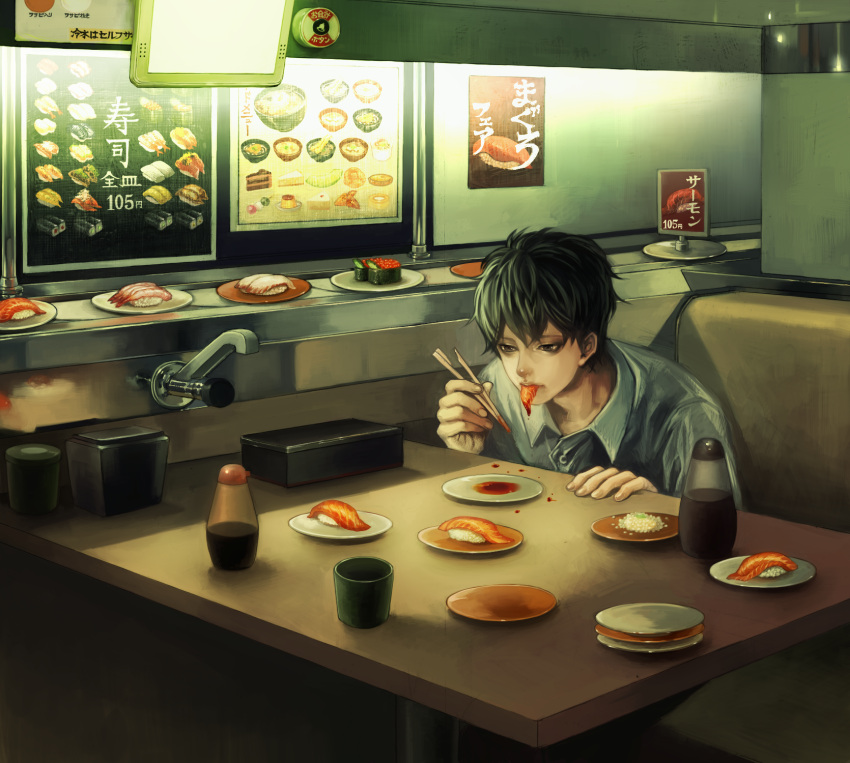 1boy black_eyes black_hair chopsticks eating fish flat_gaze food highres male male_focus original plate rice short_hair solo soy_sauce sushi toylolxdg