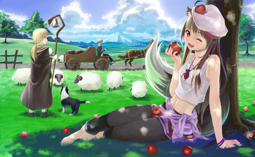 1boy 2girls animal_ears apple barefoot beret blonde_hair bracelet brown_hair canine commentary_request craft_lawrence enekk fangs feet food fruit grass hat highres holo horse jewelry landscape long_hair midriff multiple_girls navel nora_arento oerba_yun_fang okingjo one_eye_closed open_mouth outdoors pouch red_eyes sheep sitting spice_and_wolf stomach tail wolf_ears wolf_girl wolf_tail