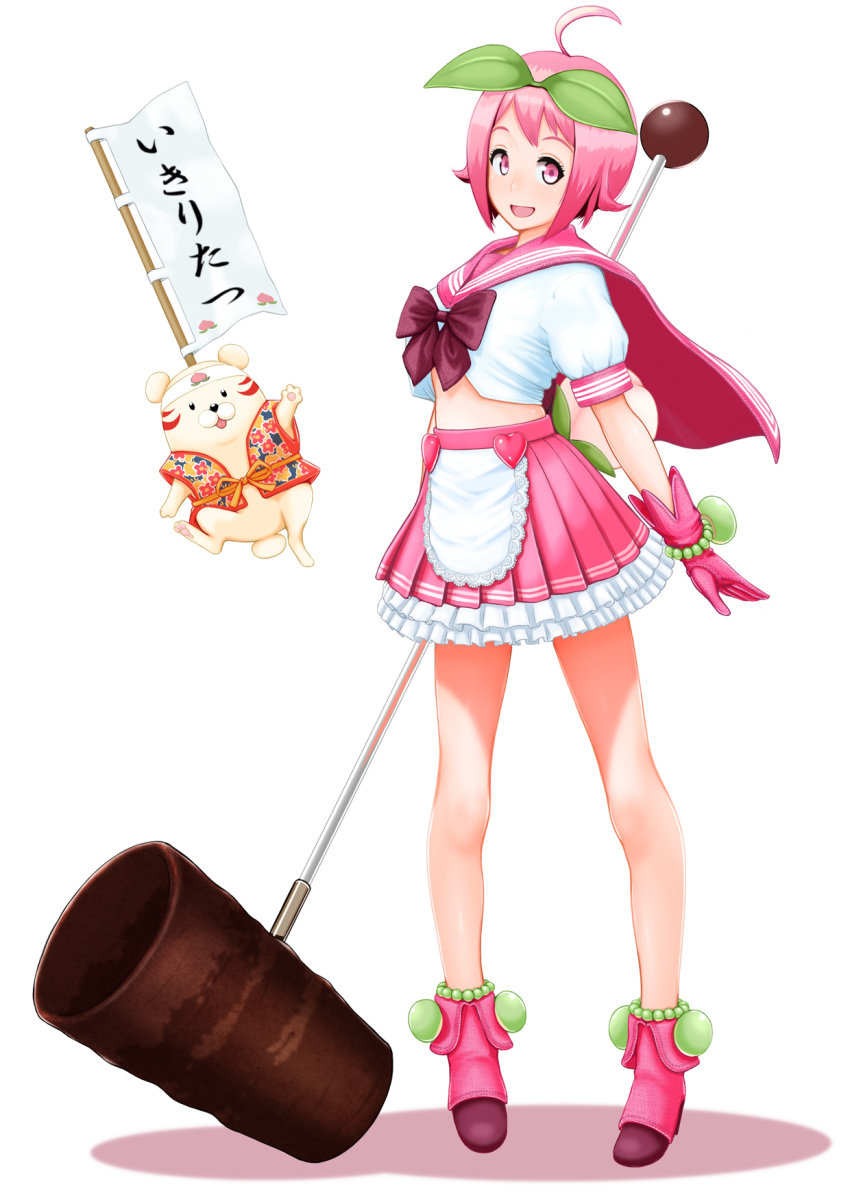 animal bad_id bad_pixiv_id bare_legs breasts cape female food fruit gloves hammer headband highres looking_at_viewer medium_breasts nanahime open_mouth original peach petticoat photoshop_(medium) pink_eyes pink_footwear pink_gloves pink_hair pink_skirt short_hair simple_background skirt smile standing translation_request war_hammer weapon white_background