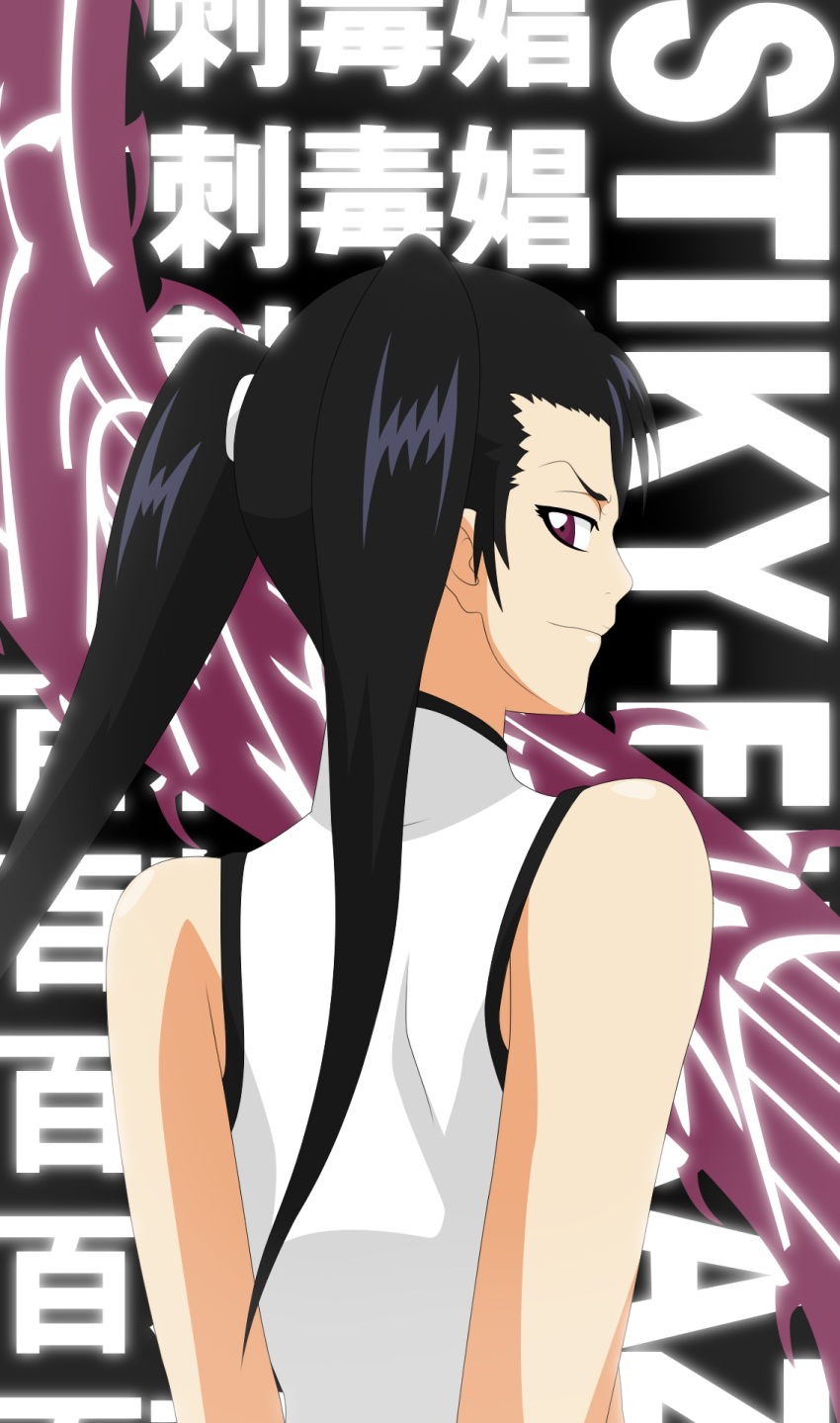 arms_behind_back arrancar back black_hair bleach evil_smile female highres loly_aivirrne long_hair looking_back purple_eyes red_eyes sleeveless smile stiky_finkaz twintails