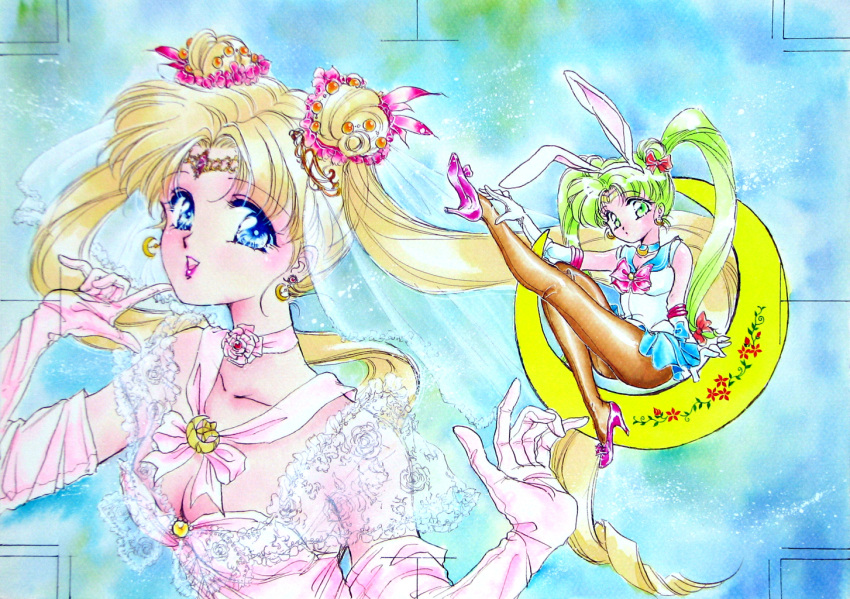 1990s_(style) 1994 :d alternate_costume alternate_eye_color alternate_hairstyle animal_ears bishoujo_senshi_sailor_moon blonde_hair blue_background blue_eyes blue_sailor_collar brooch brown_legwear chibi choker commentary_request crescent_moon double_bun dress earrings elbow_gloves female formal gloves hair_bun hair_ornament high_heels ink_(medium) jewelry lips long_hair magical_girl moon multiple_views neck nib_pen_(medium) on_crescent open_mouth pantyhose rabbit_ears retro_artstyle sailor_collar sailor_moon sailor_senshi_uniform see-through shoes sleeveless sleeveless_dress smile tachibana_tou tiara traditional_media tsukino_usagi twintails unofficial_sailor_senshi_uniform veil white_dress white_gloves