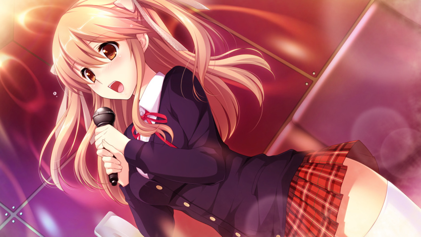 blush brown_eyes brown_hair cardigan female game_cg hair_ribbon hatsukoi_1/1 karaoke koizumi_amane microphone morino_yukino music plaid plaid_skirt ribbon school_uniform singing skirt solo thighhighs two_side_up white_thighhighs zettai_ryouiki