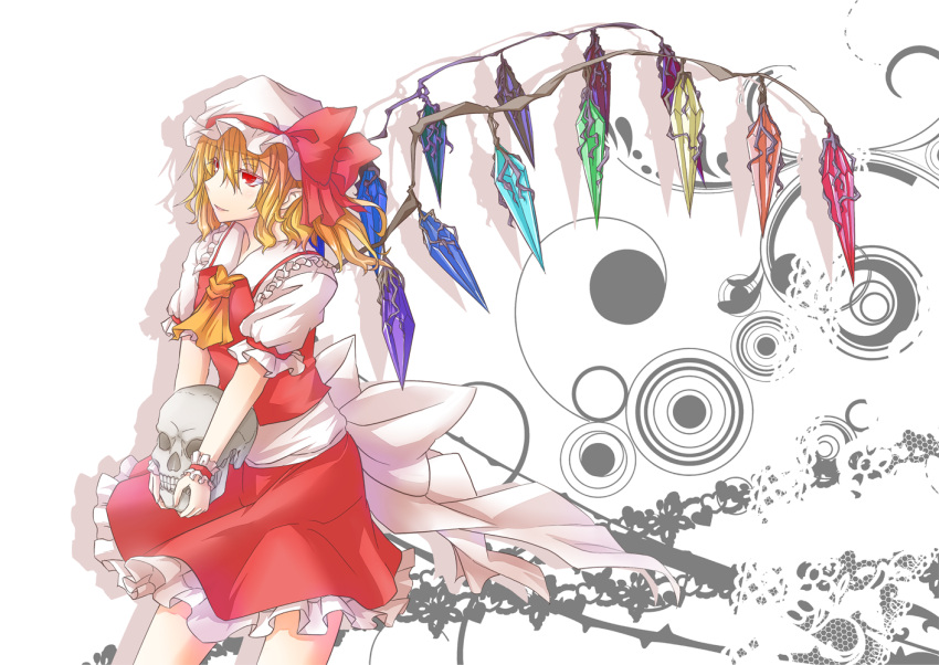 ascot blonde_hair bow commentary_request crystal female flandre_scarlet hat hat_bow kinsenka pointy_ears puffy_sleeves red_eyes short_hair short_sleeves skull solo touhou wings wrist_cuffs