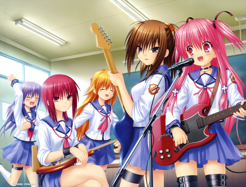 5girls absurdres angel_beats! arm_up blonde_hair blue_eyes blue_skirt brown_hair classroom closed_eyes collar collarbone crossed_legs electric_guitar fender_jazzmaster gibson_sg guitar highres hisako_(angel_beats!) indoors instrument irie_miyuki iwasawa_masami jewelry long_hair microphone multiple_girls music na-ga necklace open_mouth pink_hair playing_instrument pleated_skirt purple_hair red_eyes red_hair school_uniform sekine_shiori serafuku shinda_sekai_sensen_uniform shirt skirt thigh_strap two_side_up white_legwear white_shirt yui_(angel_beats!)