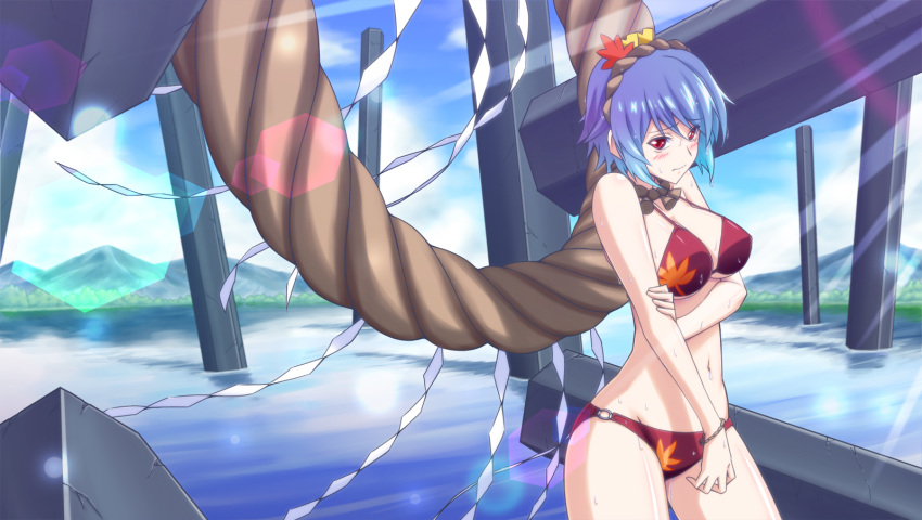 bikini blue_hair blush bracelet commentary_request female gradient_hair h-new hair_ornament hairband highres jewelry leaf maple_leaf multicolored_hair navel o-ring o-ring_bikini onbashira photoshop_(medium) red_bikini rope shimenawa short_hair slit_pupils solo sweat swimsuit touhou water yasaka_kanako