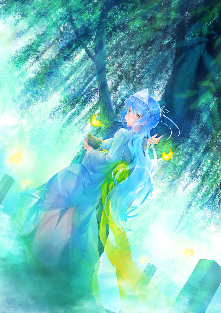 bad_id bad_pixiv_id blue_hair blue_kimono blush breasts female gaddy_(fortywinks) ghost green_eyes highres hitodama holding japanese_clothes kimono long_hair medium_breasts okiku_(banchou_sarayashiki) original see-through solo tears tree triangular_headpiece wavy_mouth