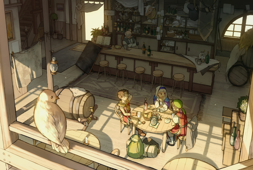 2boys bad_id bad_pixiv_id bag bandana barrel bird bottle brown_hair building cape chair commentary_request couch dress drinking everyone female food gensou_suikoden gensou_suikoden_i gensou_suikoden_ii gensou_suikogaiden house indoors long_sleeves multiple_boys occacia red_hair riou_(suikoden) shade short_hair sierra_mikain silver_hair sitting standing sunlight table tir_mcdohl