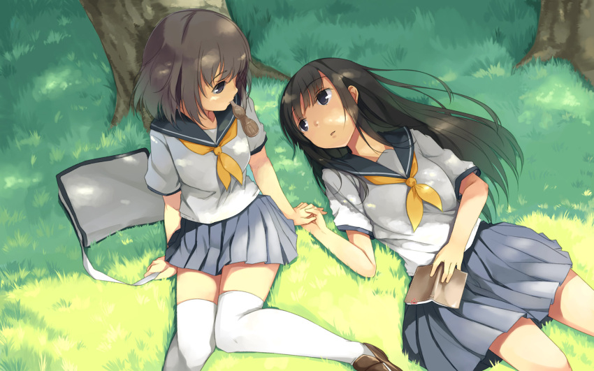 2girls ascot bag black_hair book commentary_request grass grey_eyes highres holding_hands lying mikage_sekizai mouth_hold multiple_girls original parted_lips photoshop_(medium) school_uniform sitting skirt thighhighs tree under_tree white_legwear