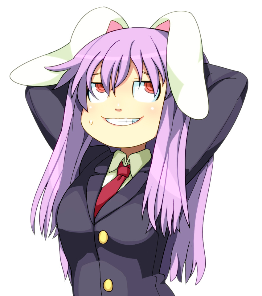 animal_ears arms_behind_head arms_up buttons commentary_request female formal grin highres hospital_king jitome kimonge long_hair looking_away necktie purple_hair rabbit_ears red_eyes red_necktie reisen_udongein_inaba simple_background smile solo suit sweatdrop teeth touhou white_background