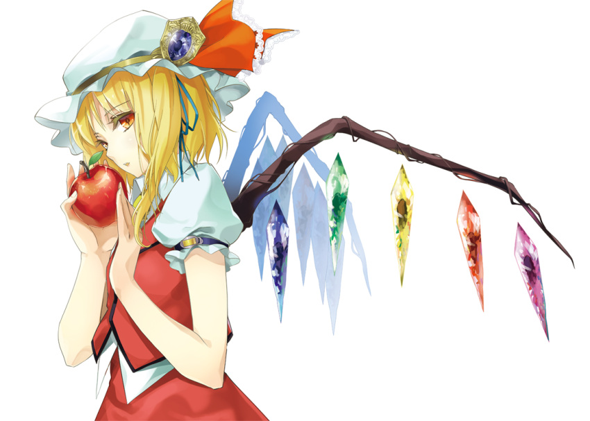 apple blonde_hair blue_ribbon commentary_request crystal female flandre_scarlet food fruit hair_ribbon hat hat_ribbon holding holding_food holding_fruit mob_cap orange_eyes parted_lips puffy_short_sleeves puffy_sleeves red_eyes ribbon short_hair short_sleeves side_ponytail simple_background slit_pupils solo touhou tsurukame vest white_background wings