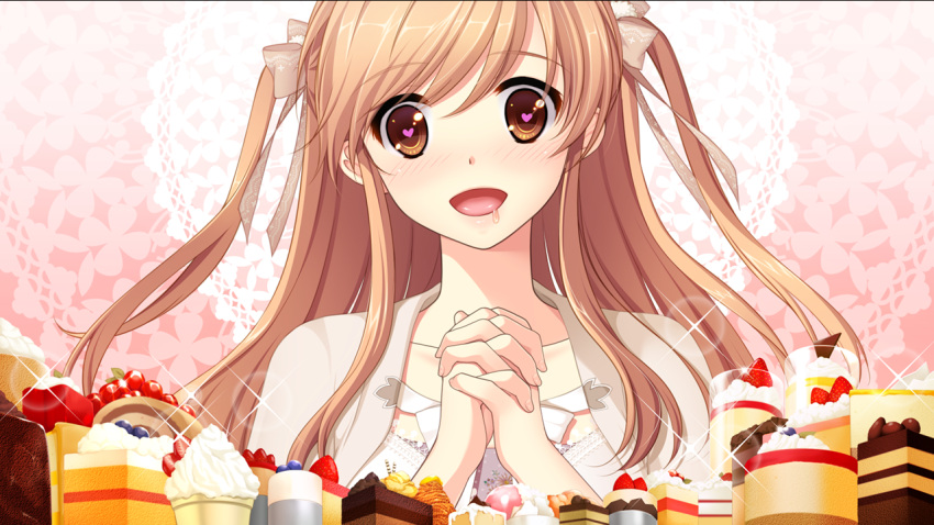 brown_eyes brown_hair dessert female food game_cg hair_ribbon hatsukoi_1/1 heart heart-shaped_pupils koizumi_amane long_hair morino_yukino own_hands_clasped own_hands_together ribbon saliva solo symbol-shaped_pupils two_side_up