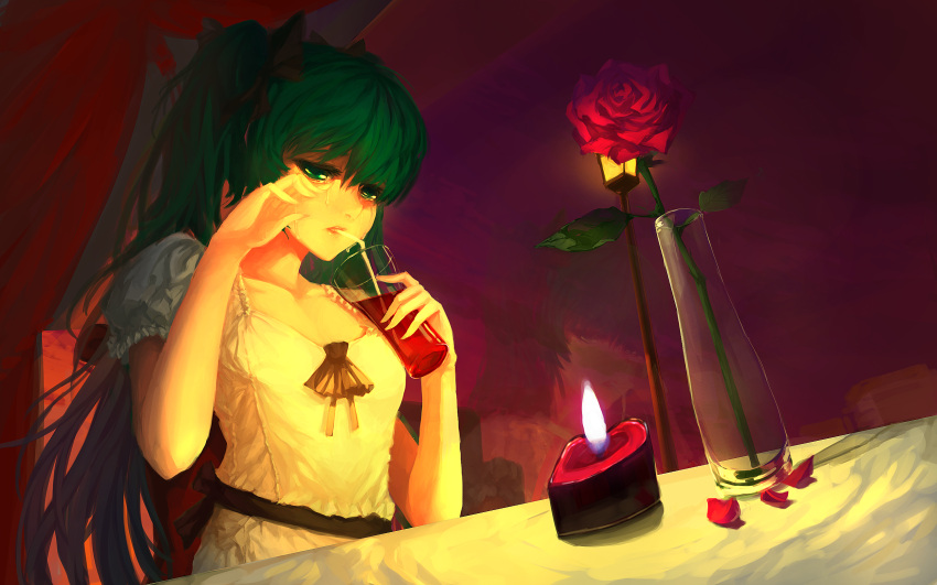 blackrabbitsoul candle chinese_commentary commentary_request drinking female flower green_eyes green_hair hatsune_miku highres lamppost long_hair petals red_flower red_rose rose solo tears vocaloid